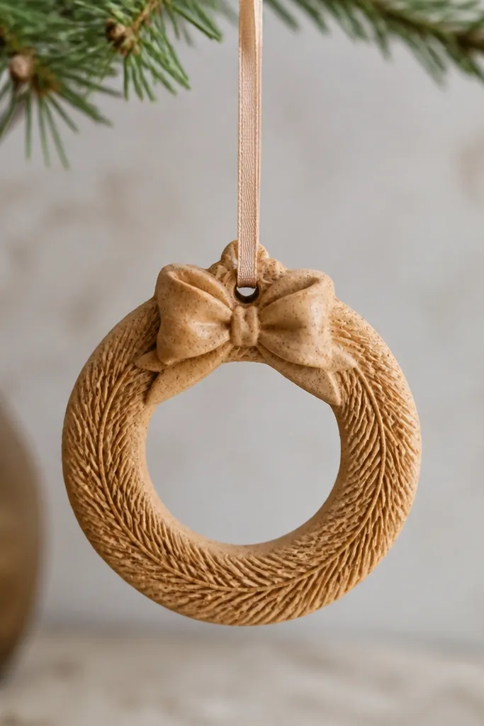 A small circular wreath ornament made of salt dough, with raised pine needle texture around the edge and a tiny bow at the top. Matte warm tan with cinnamon specks, hung on a thin ribbon.