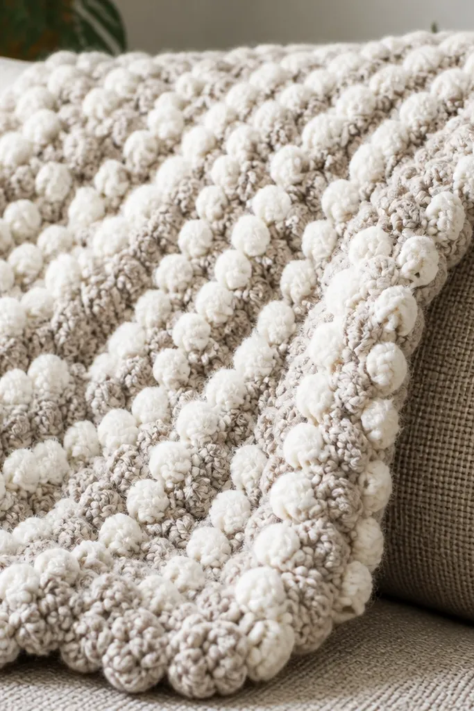 Cream and oatmeal blanket with raised puff stitch clouds