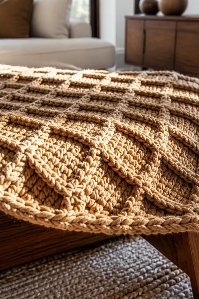 Tan crochet blanket with raised waffle ridges and square texture