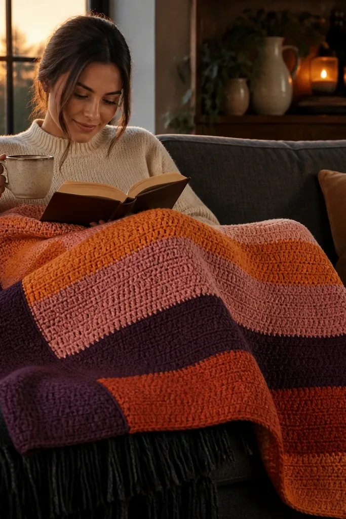 Striped crochet blanket with thick granny bands in orange and pink