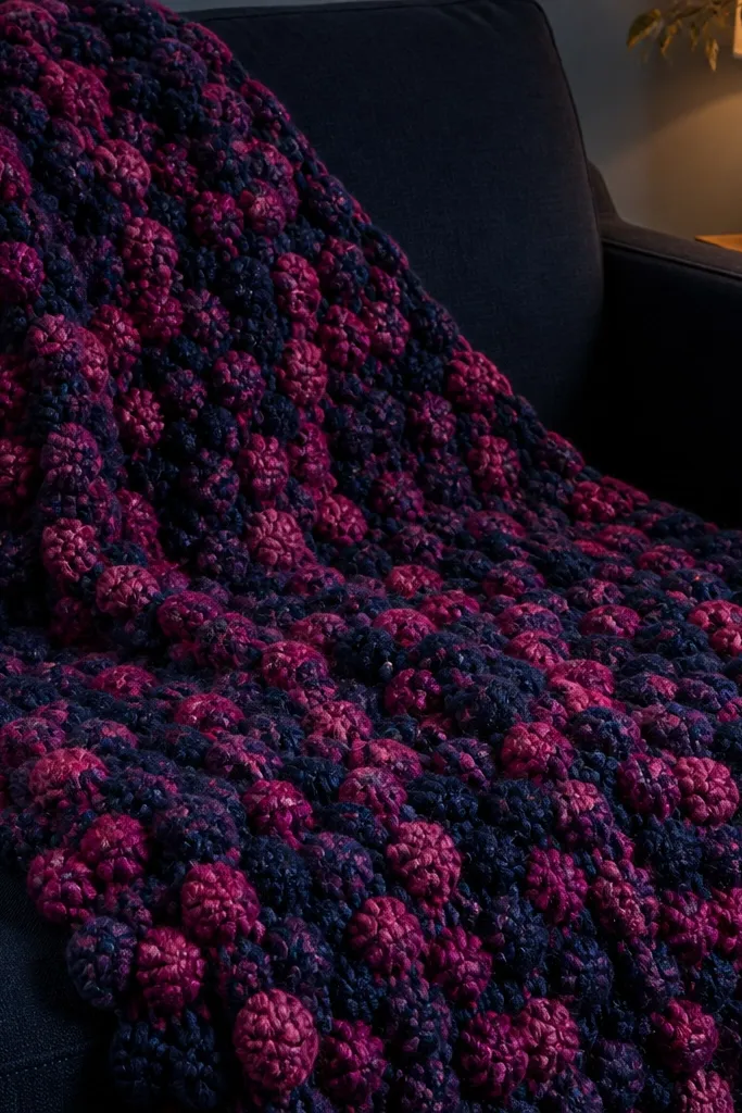 Deep navy crochet blanket with raised berry bobbles in pink and berry tones