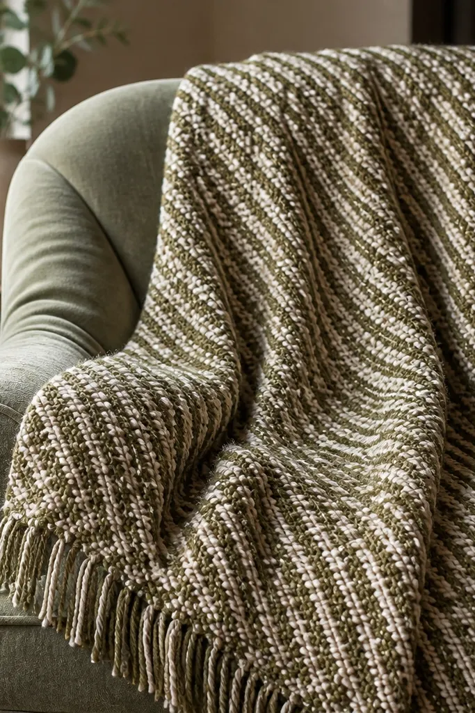 Olive and cream crochet blanket with crosshatch lines and raised texture