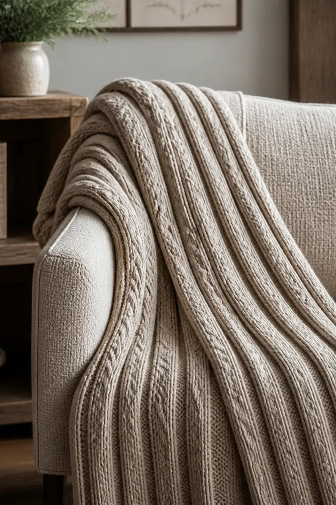Cream crochet blanket with raised cable-like front post columns