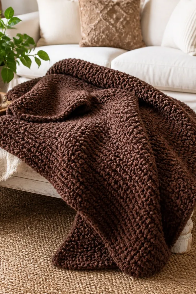 Chocolate brown crochet blanket with dense seed stitch texture