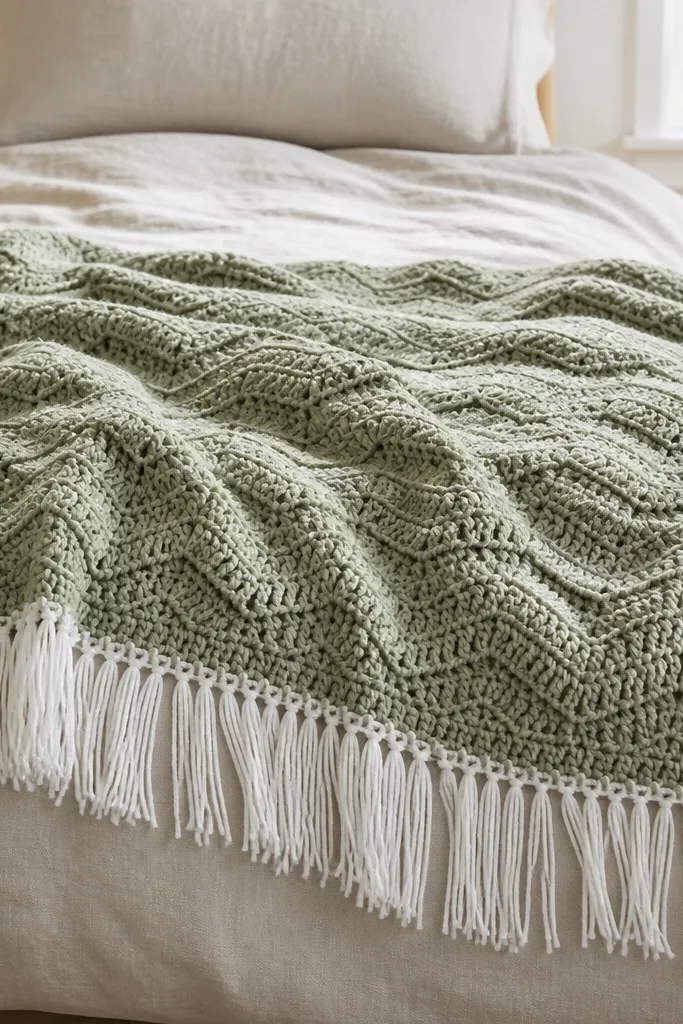 Soft sage ripple crochet blanket with white fringe along edges