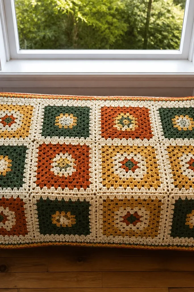Multi-color granny square blanket with crisp border frames around squares