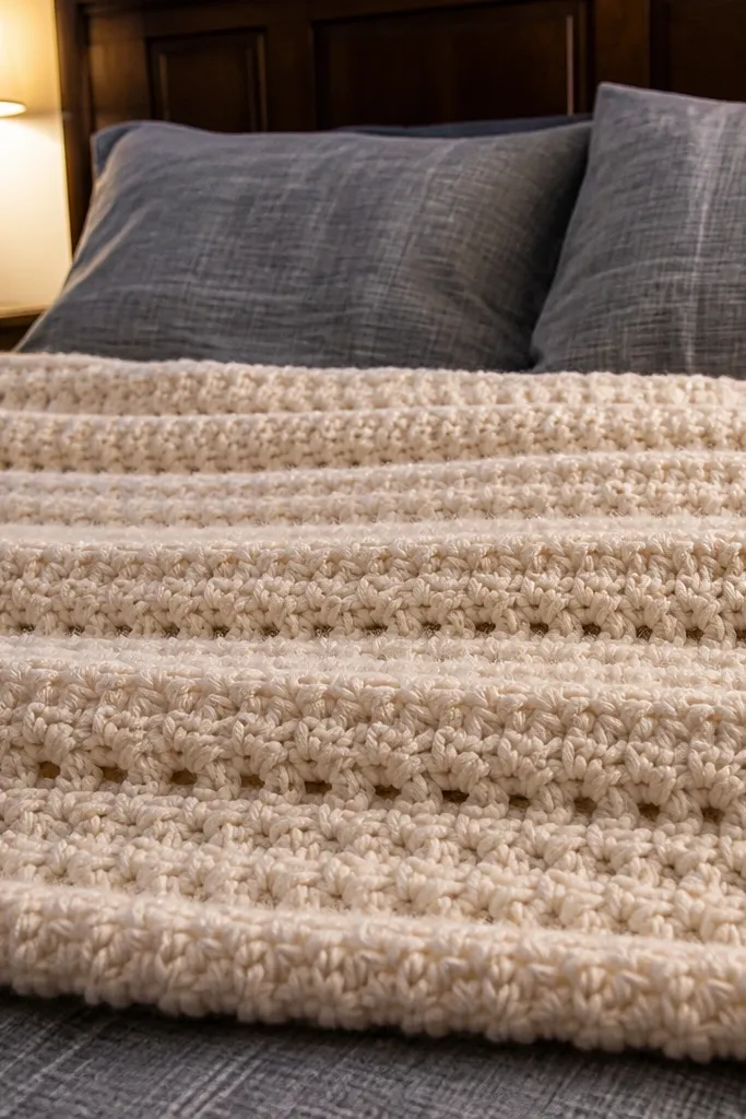 Cream crochet blanket with thick granny ridge rows like thermal knit