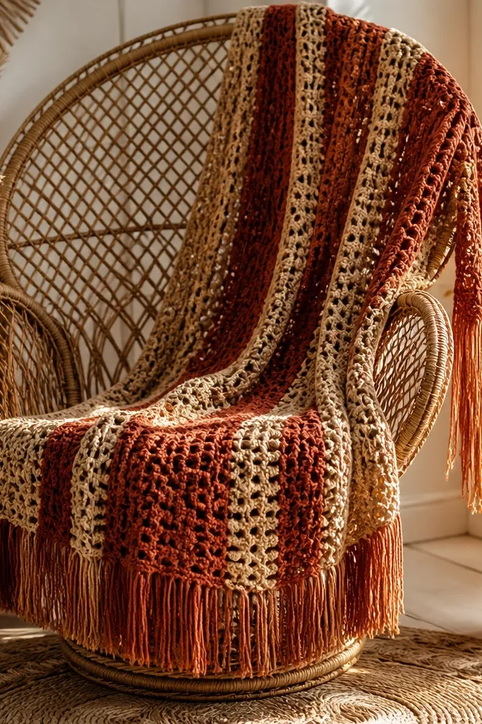 Rust and natural crochet blanket with fringe and airy boho texture