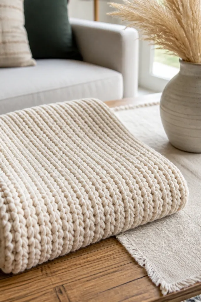 Cream crochet blanket with knit-like ridges and soft texture