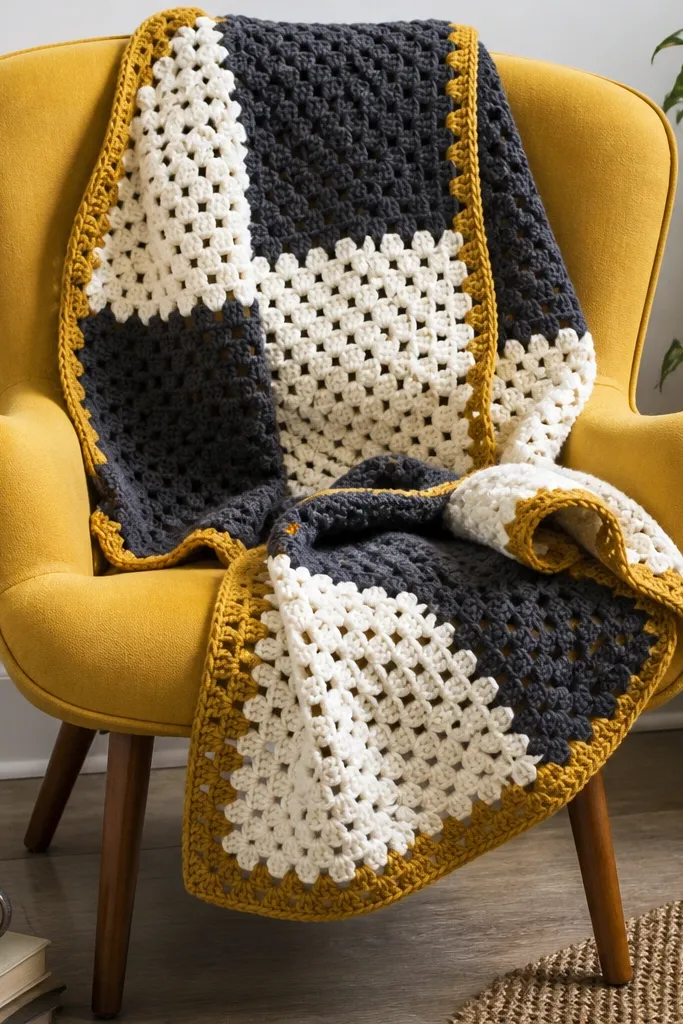Color-blocked crochet blanket with half-granny panels in contrasting colors