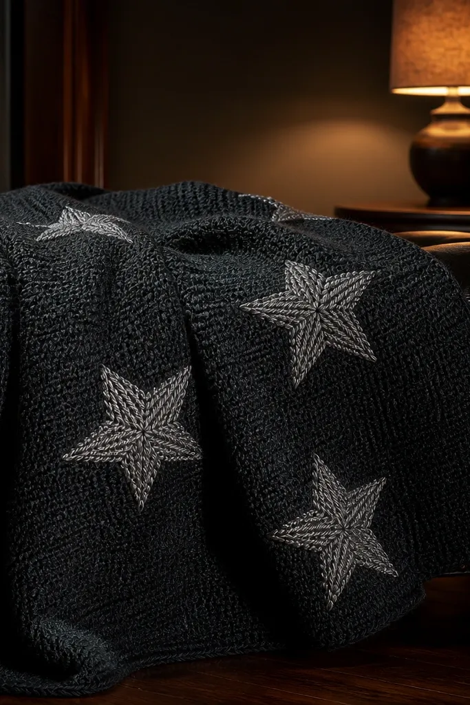Charcoal crochet blanket with raised star-like stitches in silver yarn