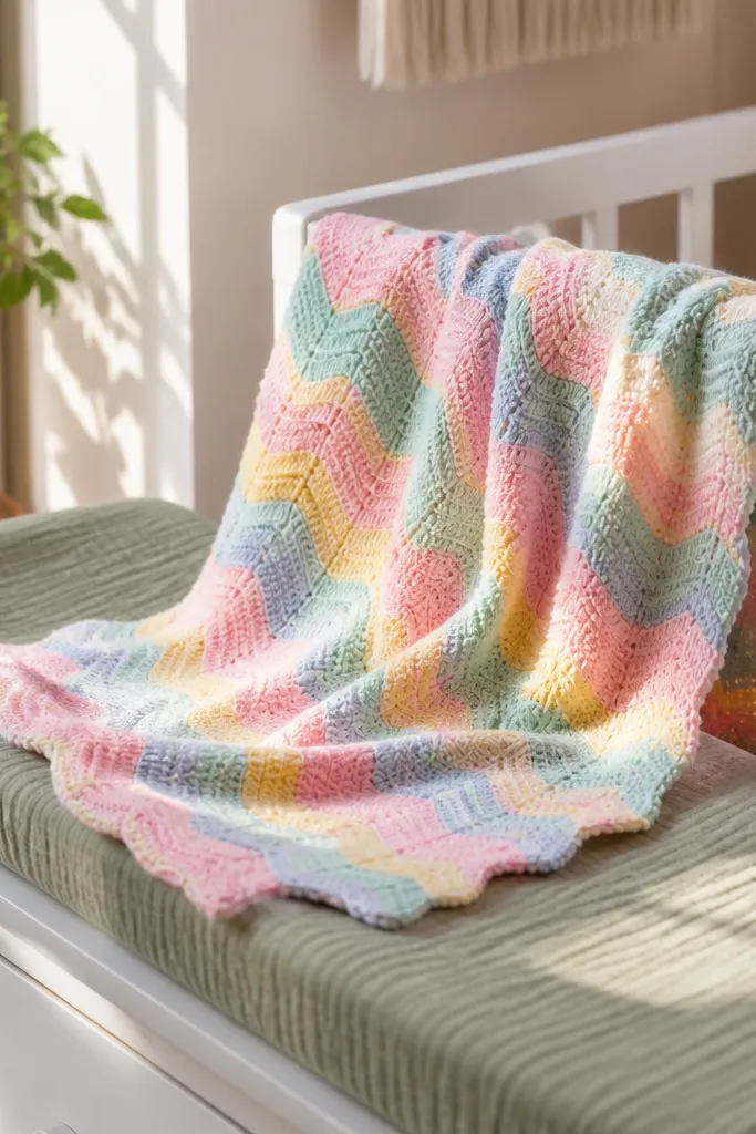 Pastel rainbow ripple crochet blanket with gentle wave pattern and soft border