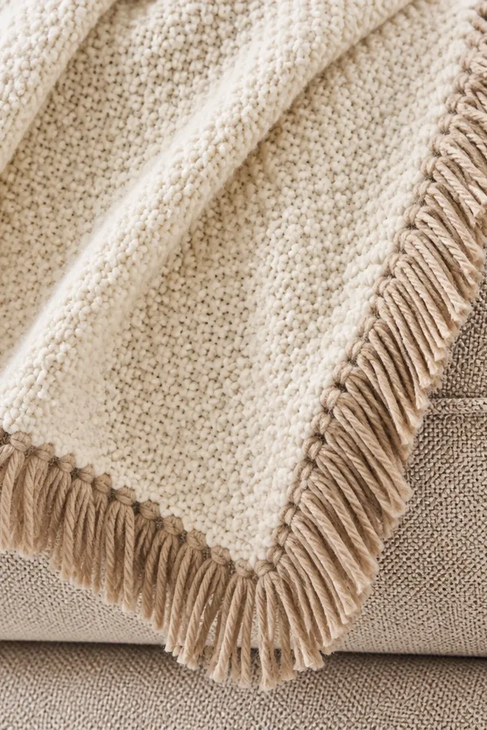 Cream crochet blanket with moss stitch texture and warm beige fringe