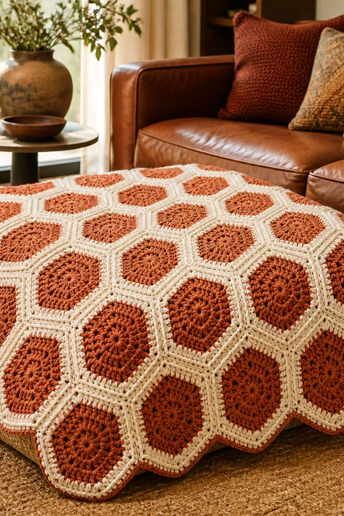 Two-tone granny hexagon crochet blanket with warm color pattern