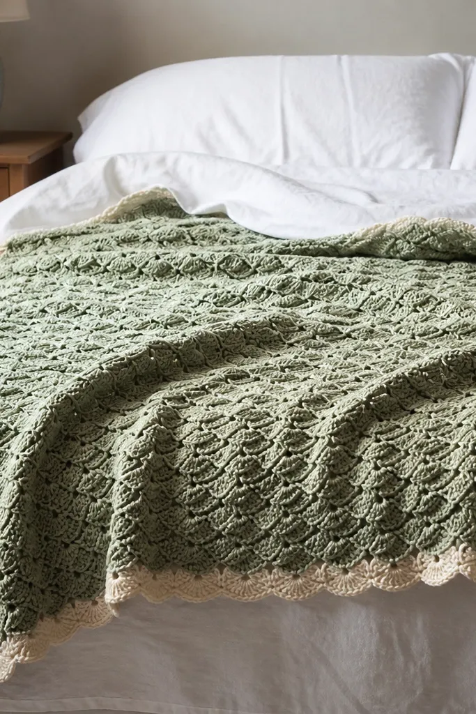 Sage green crochet shell blanket with cream border and scalloped texture
