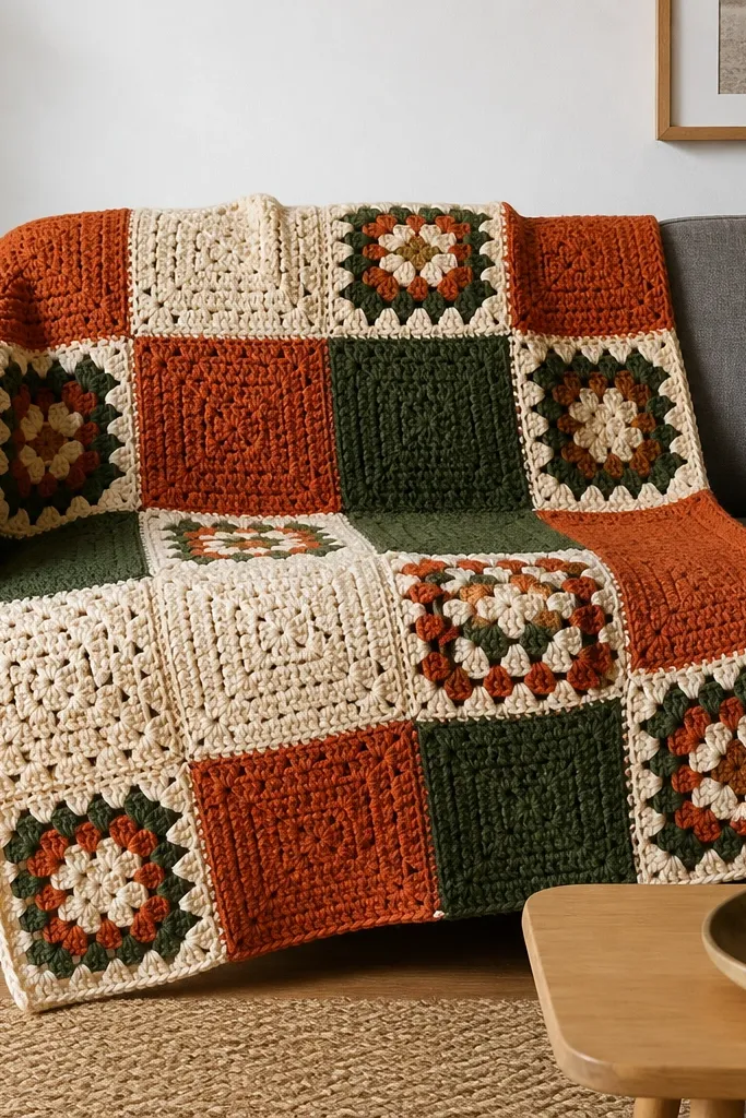Crochet blanket with modern blocks: granny panels alternating with solid rows