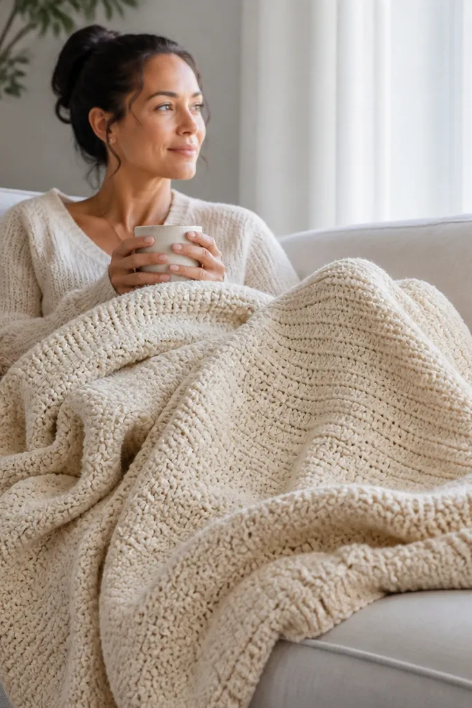 Thick cream crochet blanket with dense single crochet rows and plush texture
