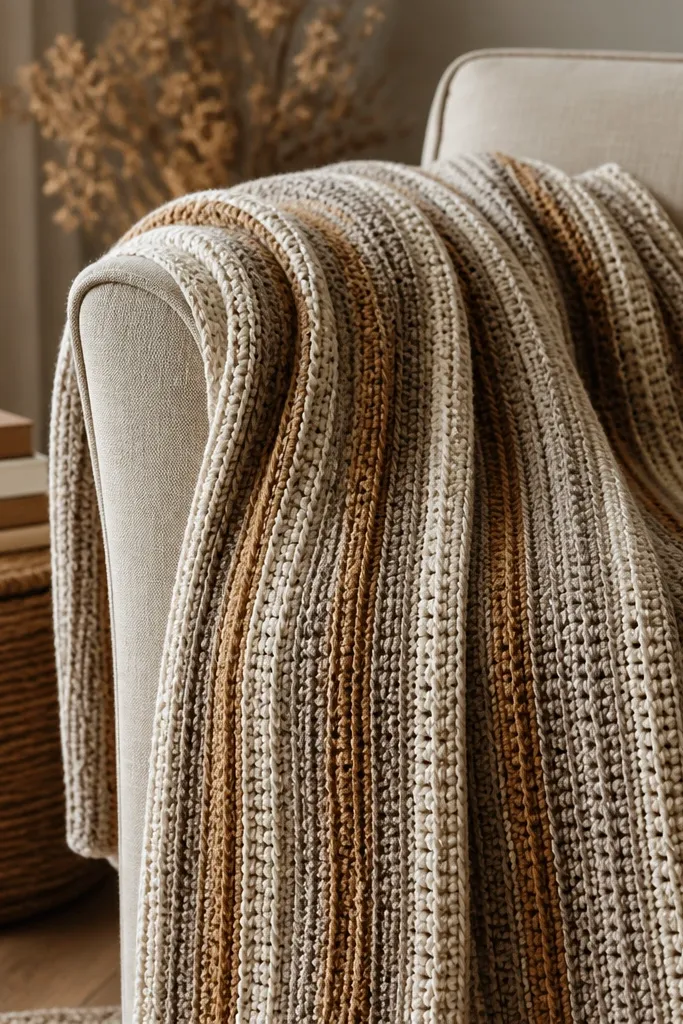 Warm neutral ribbed striped crochet blanket with raised vertical texture