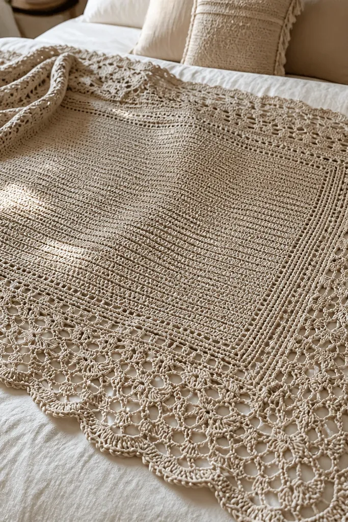 Cream blanket with dense center and delicate lace border at edges
