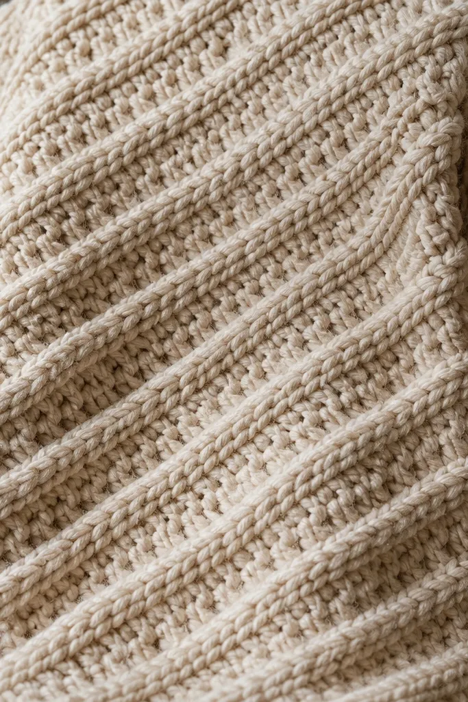 Oatmeal crochet blanket with thick diagonal ridges like canyon walls