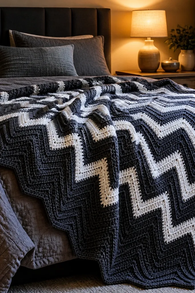 Charcoal and soft white chevron crochet blanket with pointed peaks