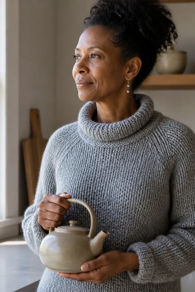 Taupe raglan sweater with a tall funnel neck and fitted sleeves