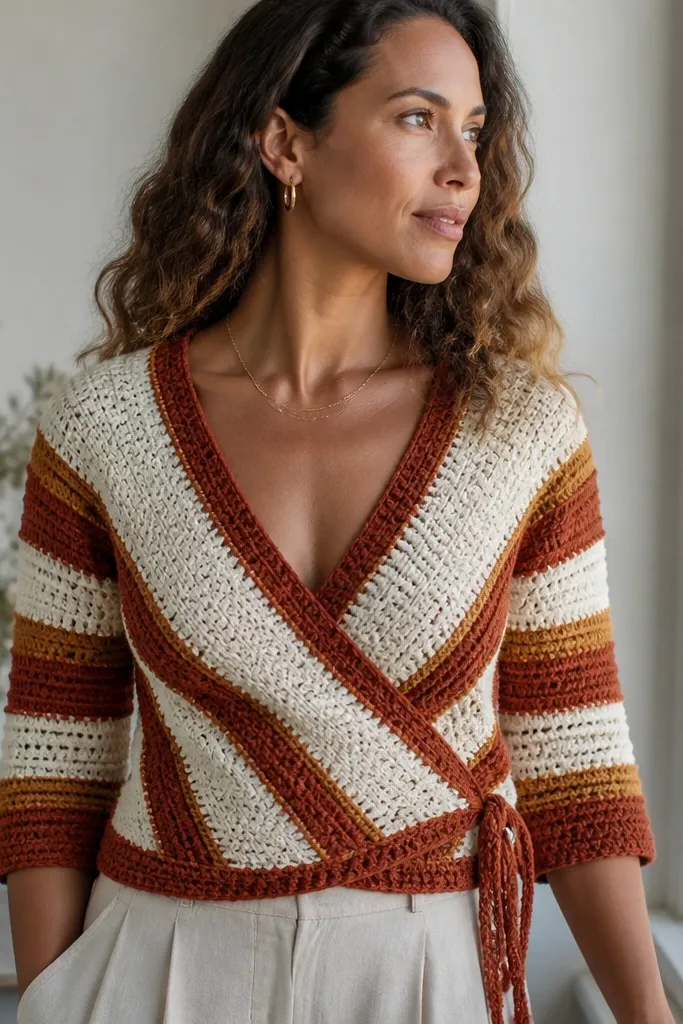 Rust wrap top with thick raised stripes and tied waist