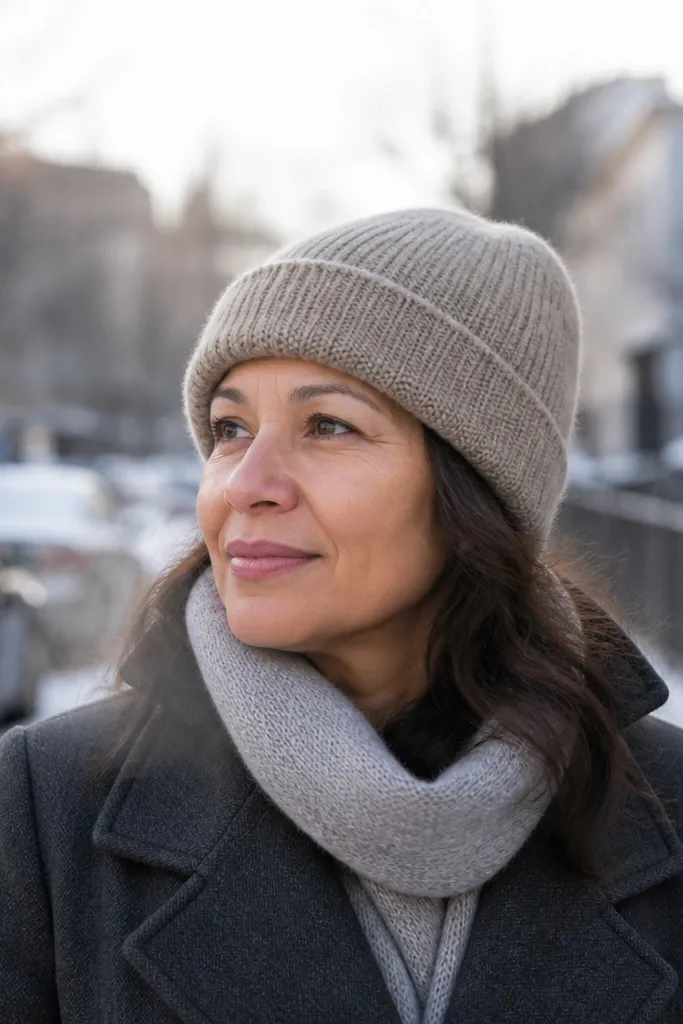 Mocha fuzzy beanie with a folded double-brim cuff