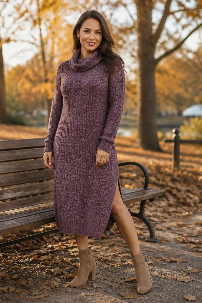 Sand cowl dress with side slits and a draped neck