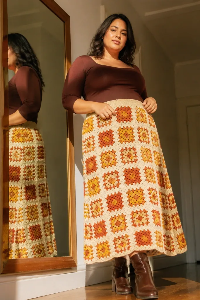 Multi-color granny square skirt with a flared hem