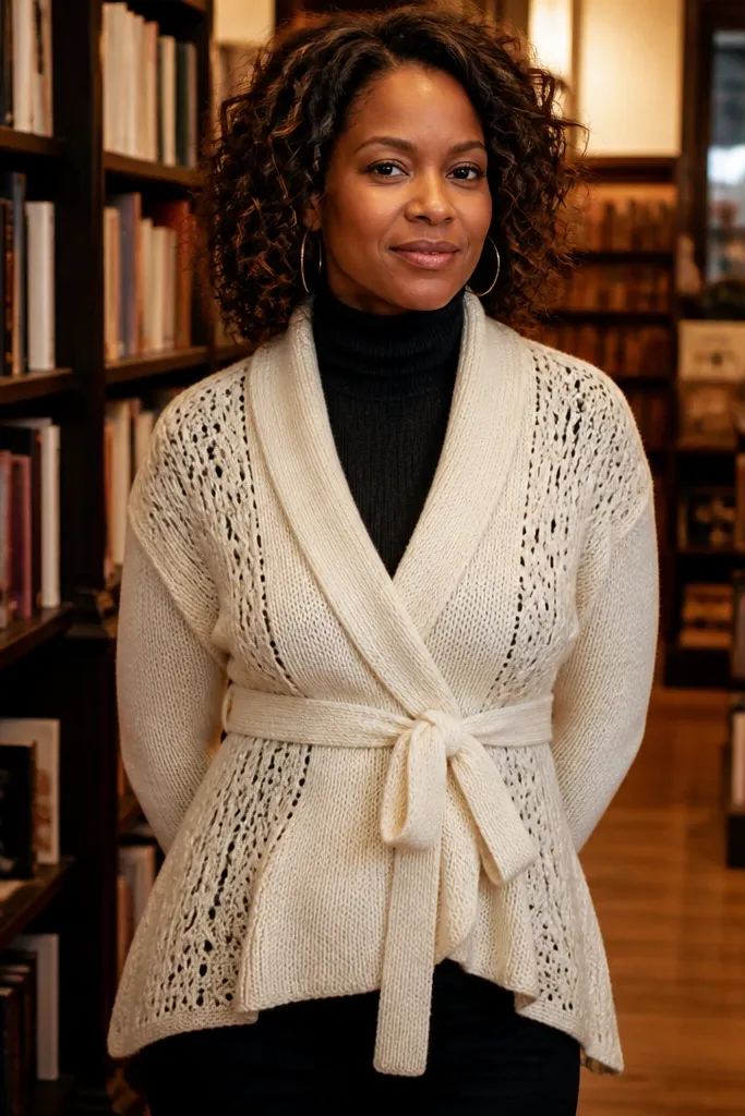 Cream wrap cardigan with airy-looking texture and tie at the waist
