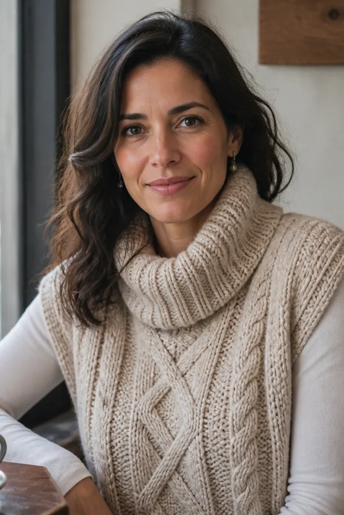 Cream sweater vest with cable-look panels and cowl neck