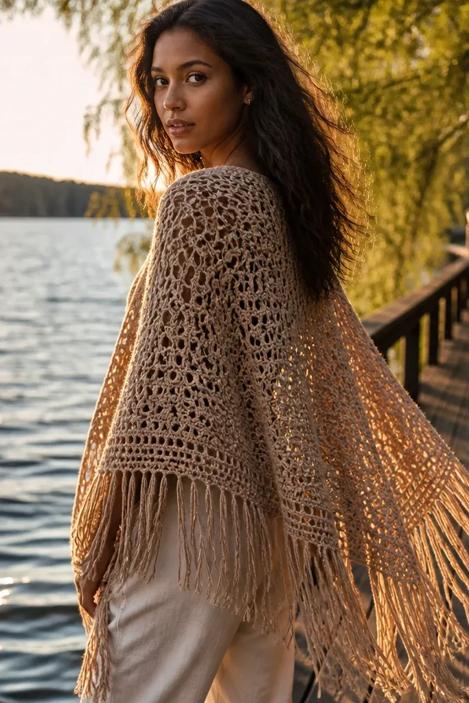 Oat poncho with hanging fringe and textured body