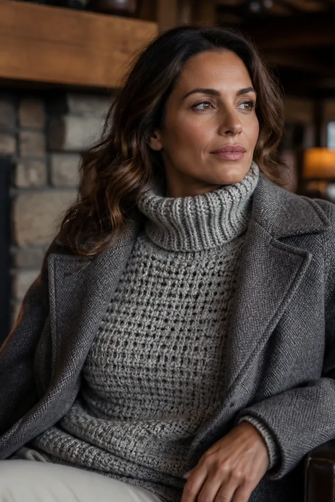 Cream drop-shoulder top with a snug turtleneck