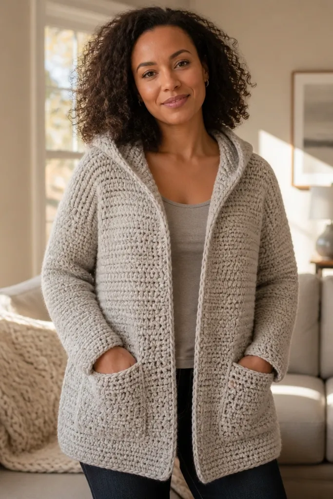 Oversized cardigan with hood and big front pockets in dark green