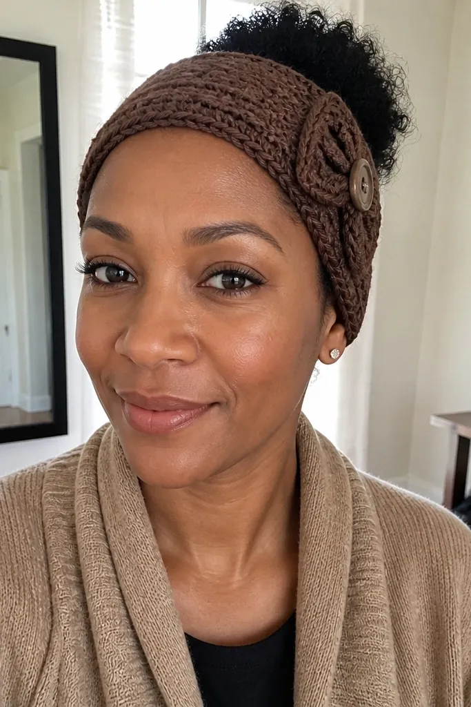 Brown crochet headband with a small bow and button detail