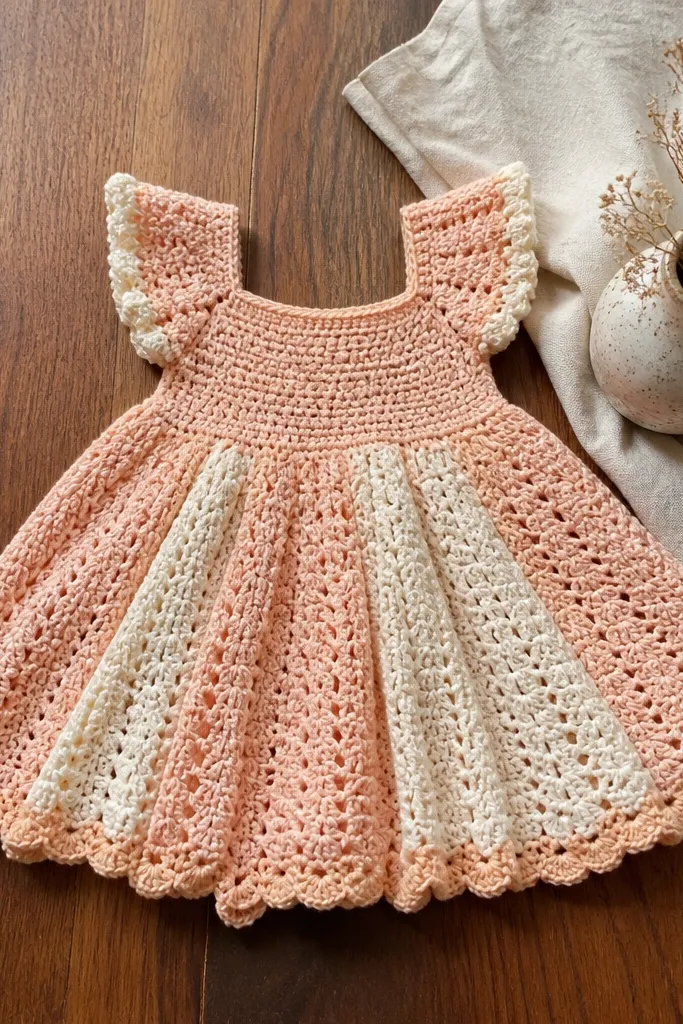 Blush baby doll crochet dress with flared skirt panels