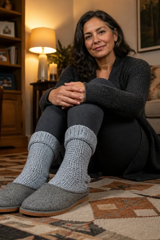 Oatmeal crochet socks with a turn-over ribbed cuff