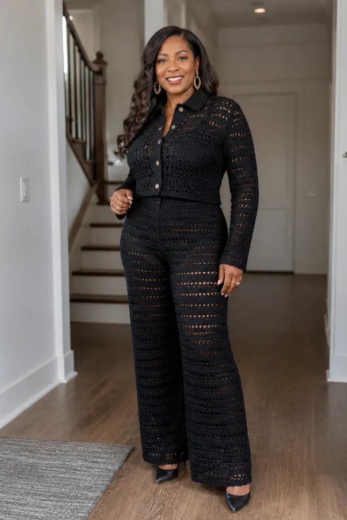 Monochrome set with cropped jacket and matching crochet pants