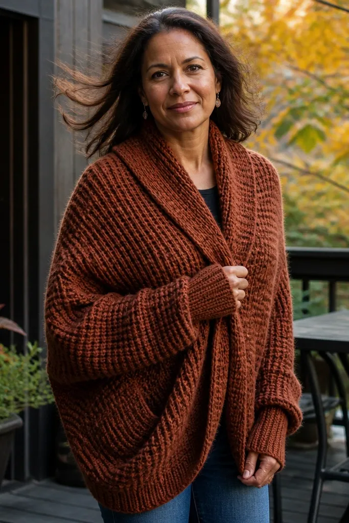 Crochet cocoon cardigan with waffle texture and thumb-loop cuffs, wrapped and cozy.