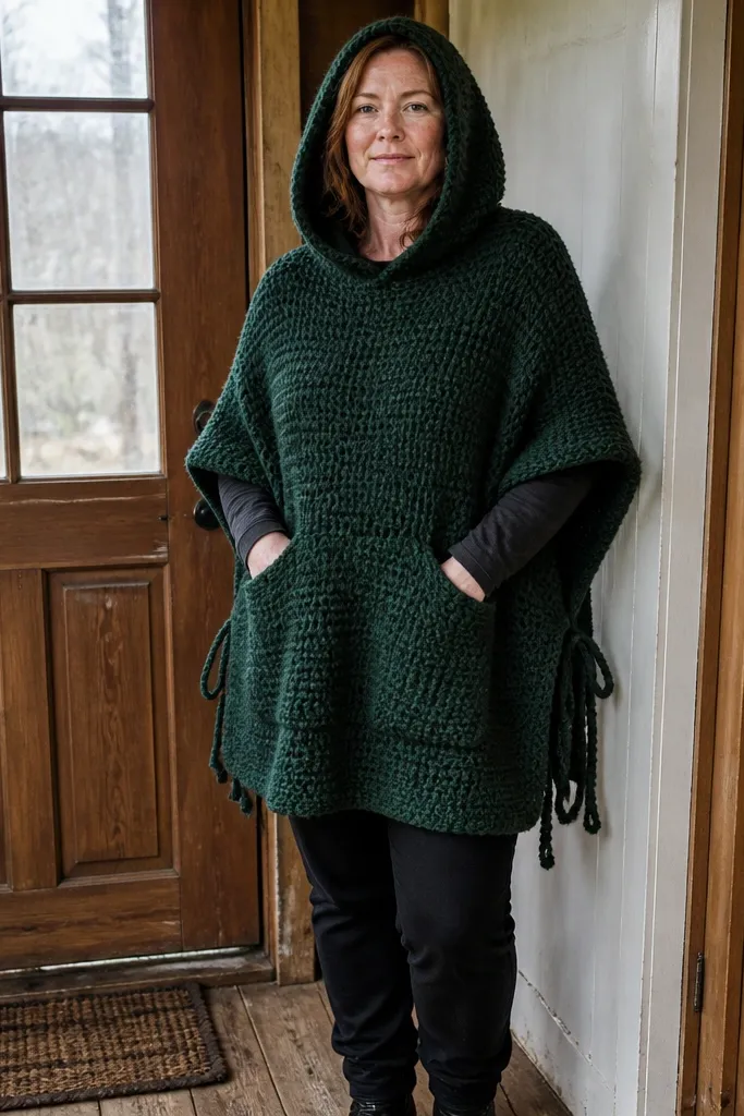 Cozy hooded crochet poncho with front pockets and side ties, textured and warm.