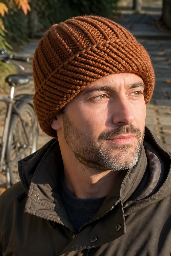 Rust-colored beanie with a ribbed brim and raised twisted stitch ridges