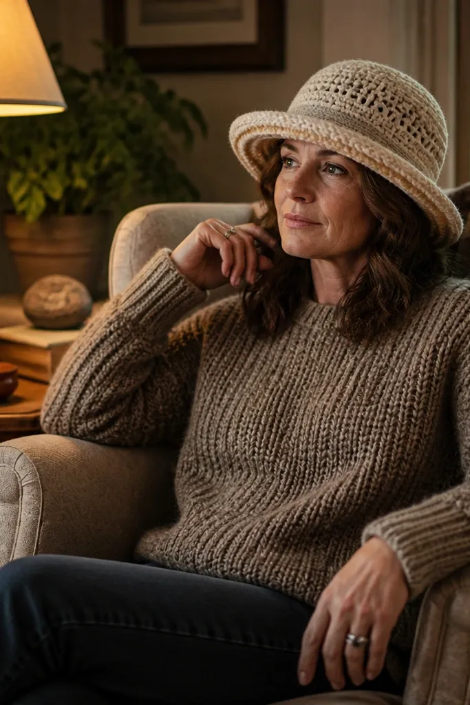 Oatmeal slouch hat with basketweave texture squares and a soft drape