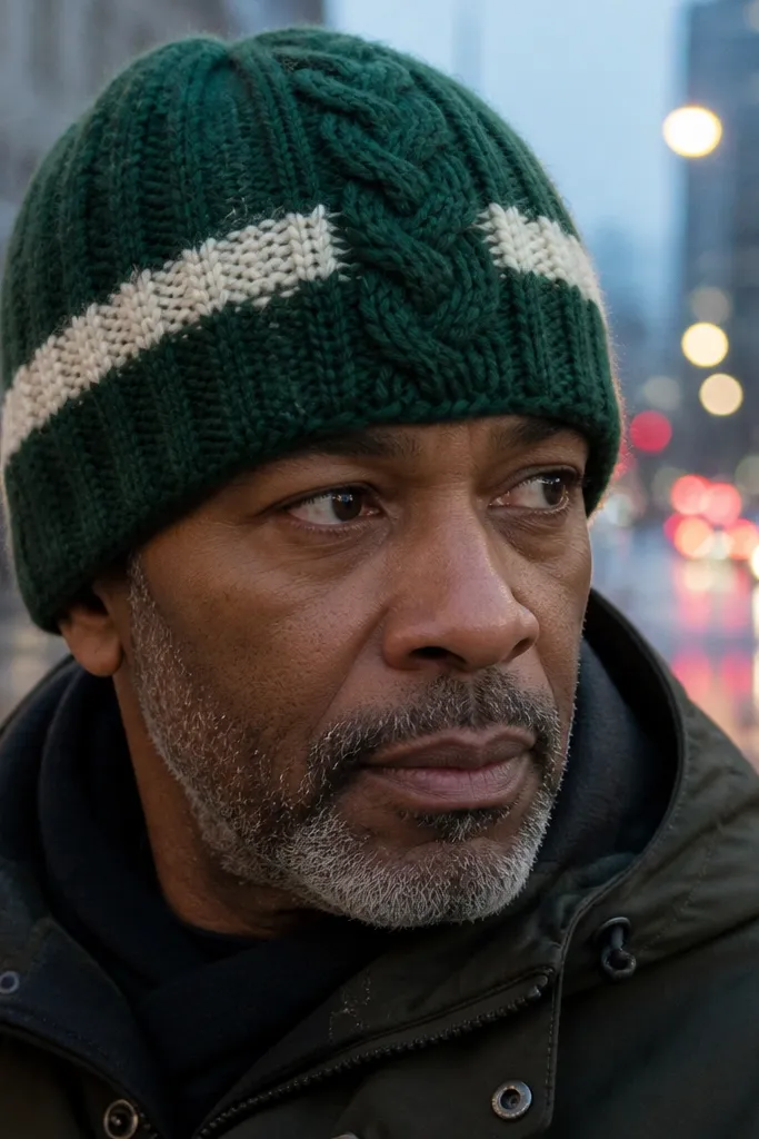 Deep green beanie with a cable-like stripe and a contrasting chunky band