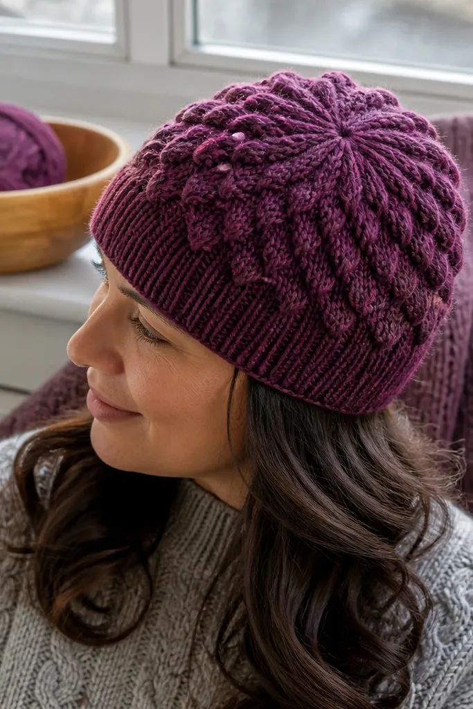 Purple beanie with puff stitch texture concentrated at the crown