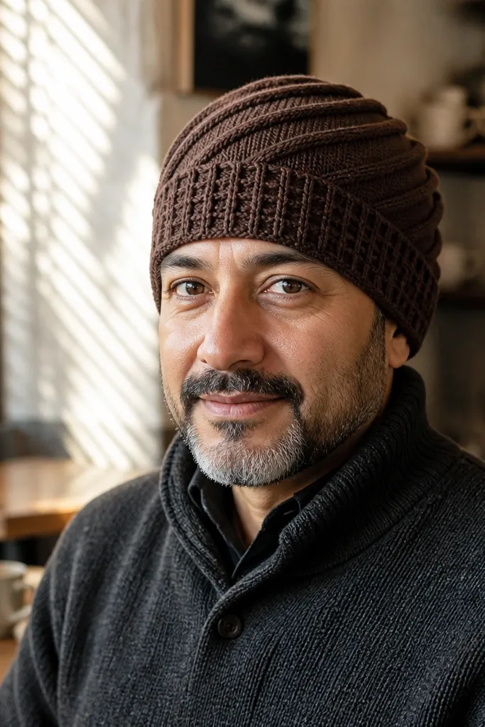 Brown beanie with spiral twist texture and a waffle-like band near the brim