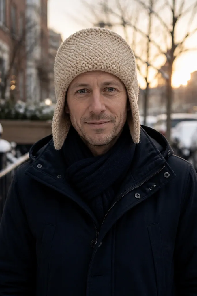 Light gold earflap hat with seed stitch texture and ties under the chin