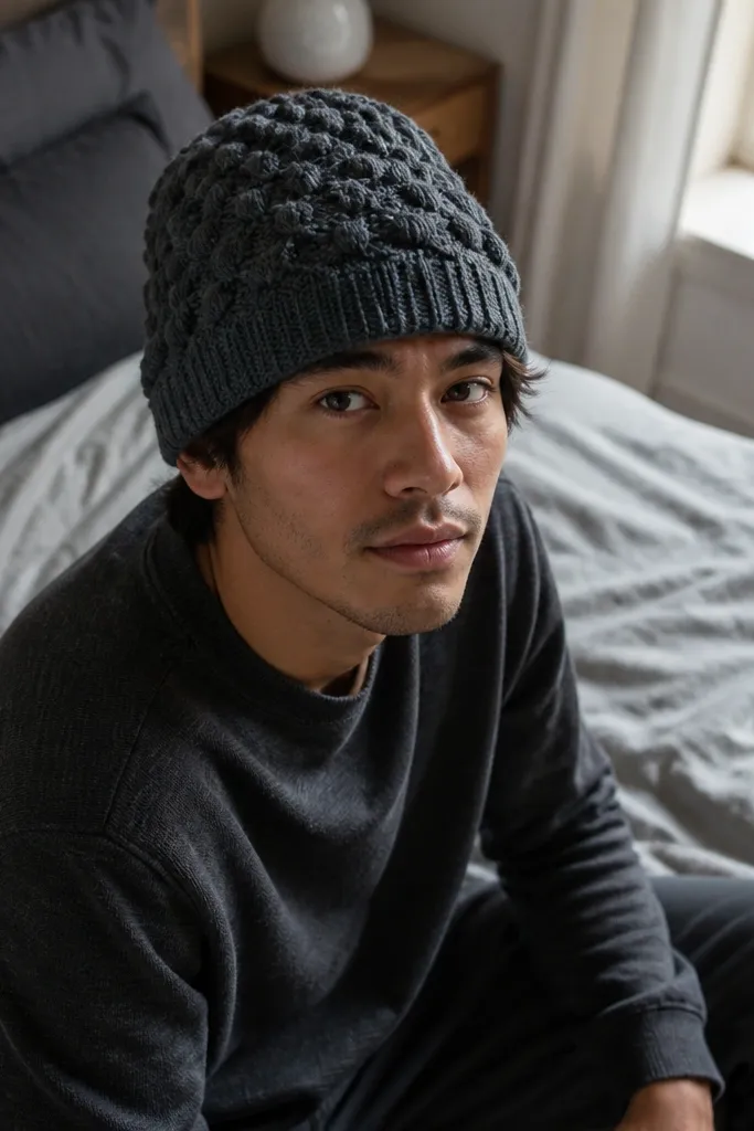 Gray beanie with soft cloud-like stitch texture and a neat cuff