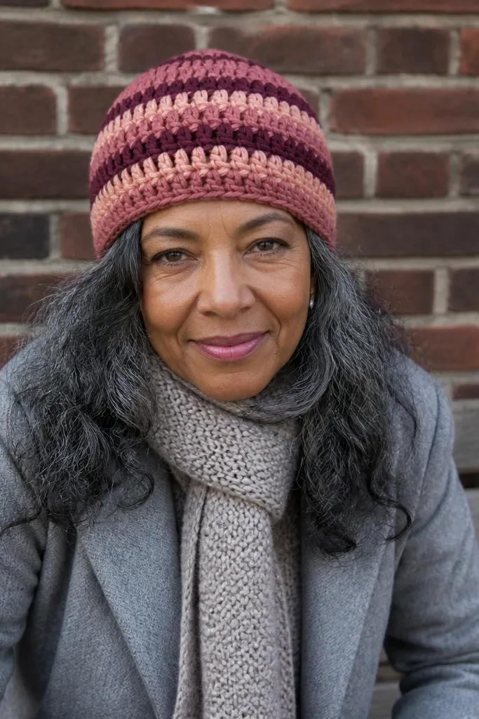 Rose and brown stripe beanie with granny-style rows and crisp edges
