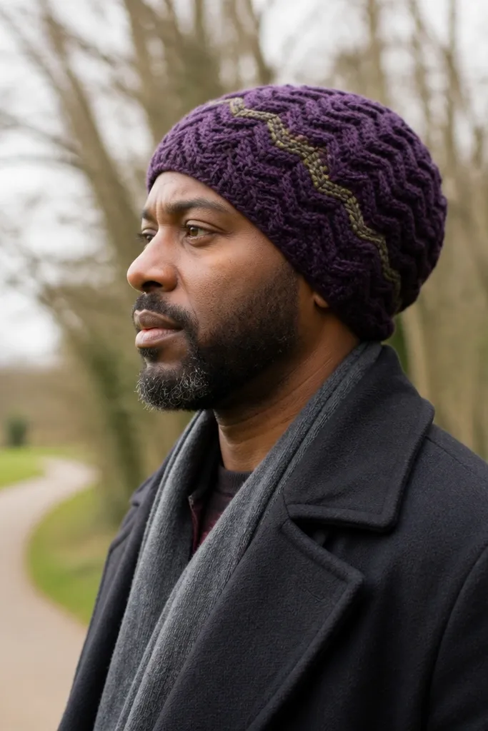 Deep purple ripple beanie with a single side stripe accent